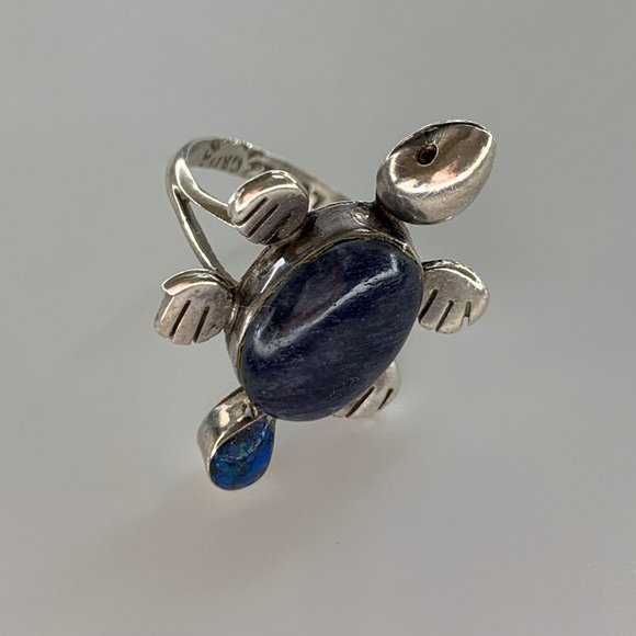 925 Amethyst and Lapis Lazuli Turtle Ring - Sz 6.5 - Picture 1 of 5